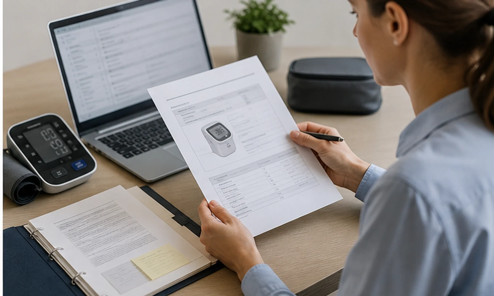 Compliance reviewer checking medical device documentation and product samples at a clean desk.