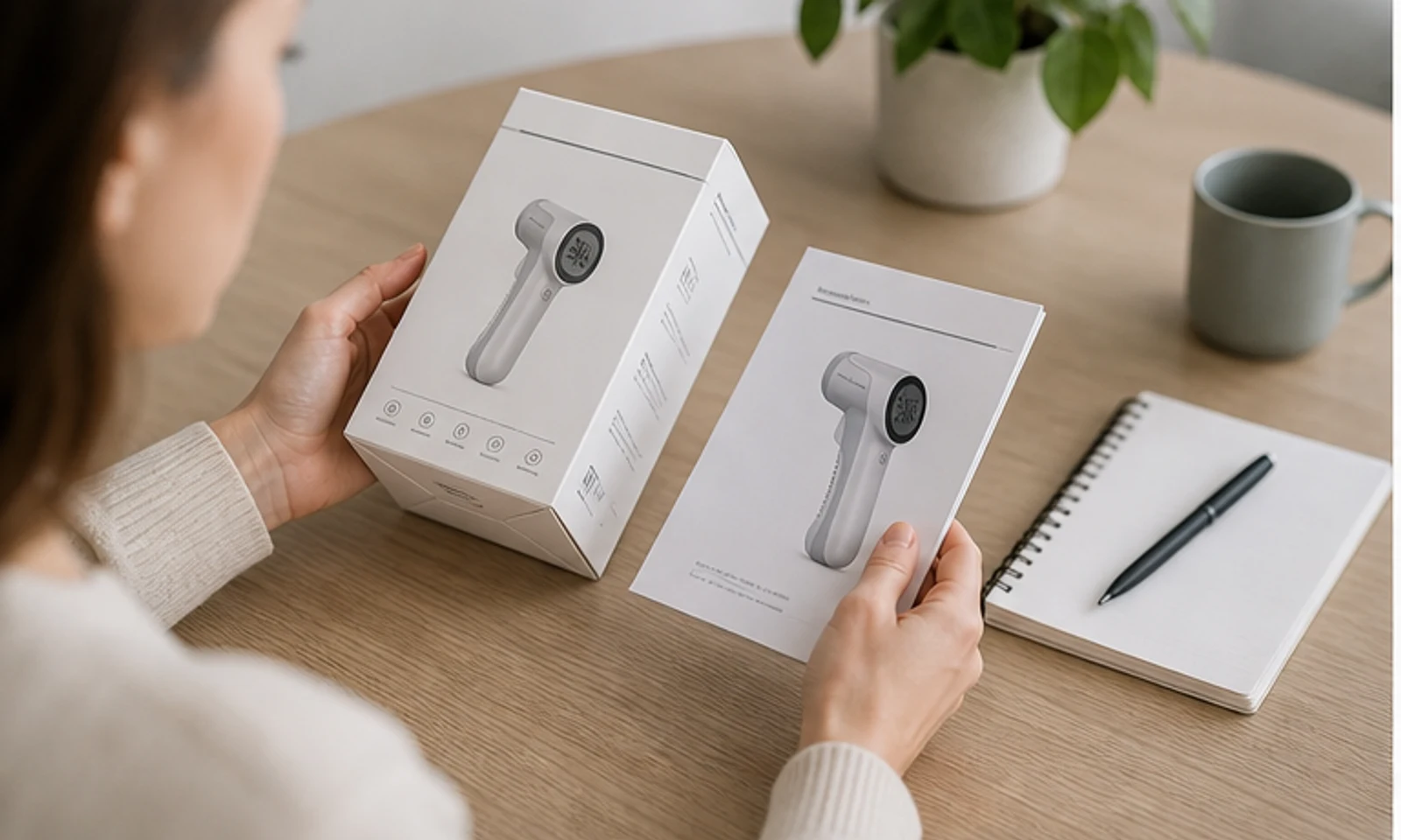 Hands reviewing packaging artwork and compliance documents for a home healthcare device.
