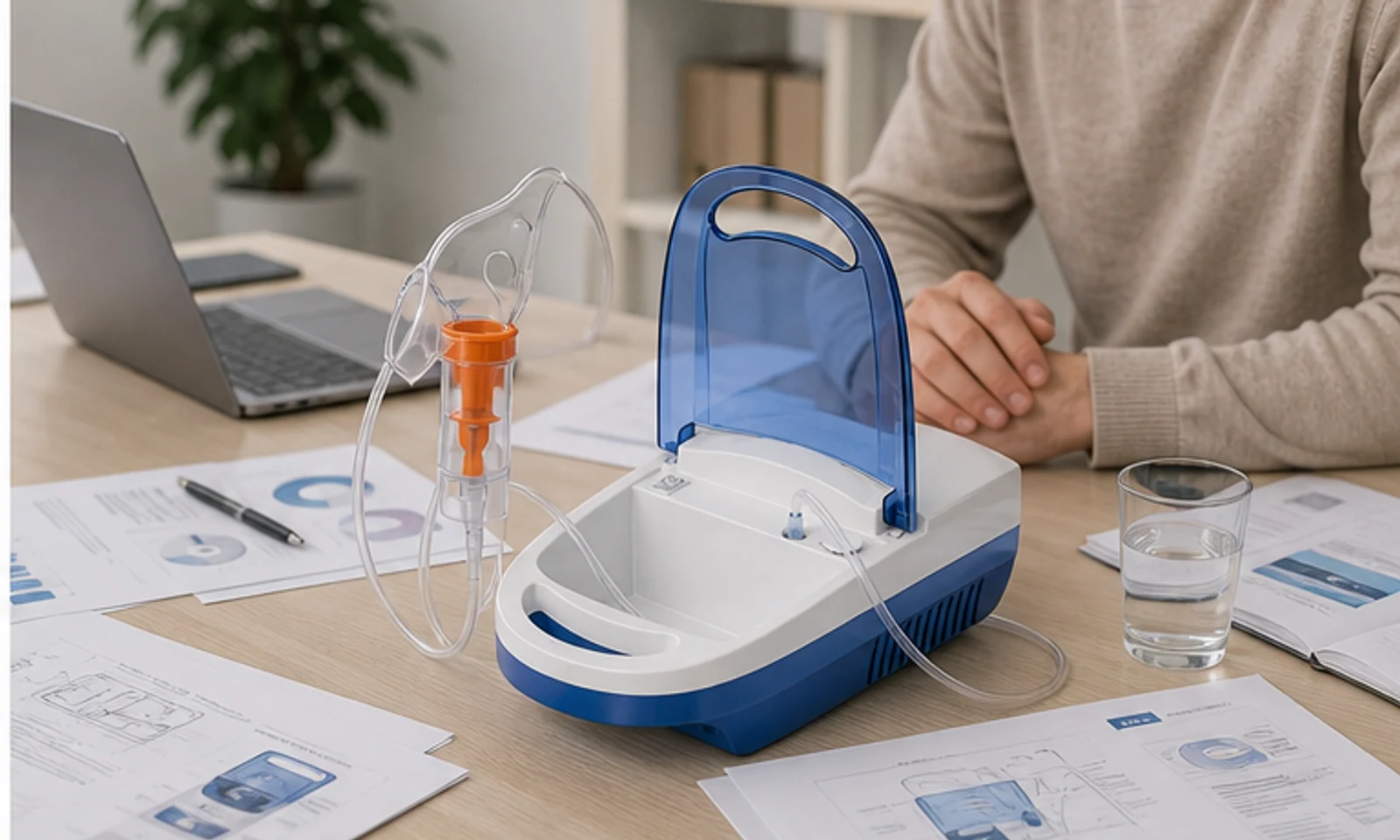 Nebulizer sourcing consultation with product samples and printed comparison materials.