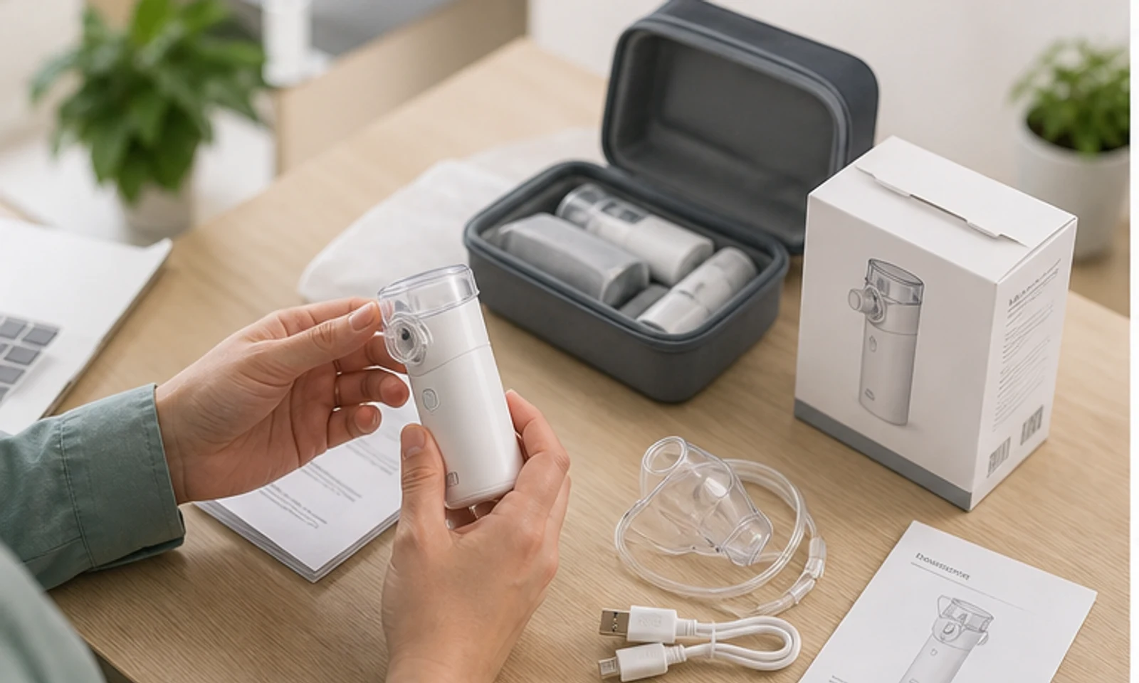Hands inspecting a portable nebulizer sample with packaging and product documents.