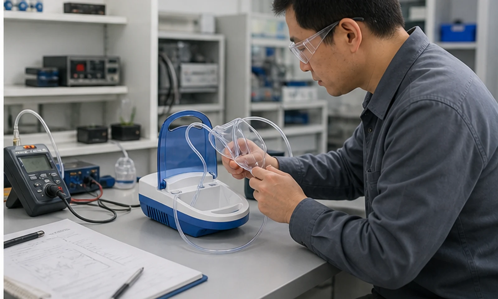 Engineer validating a nebulizer sample on a clean laboratory bench.