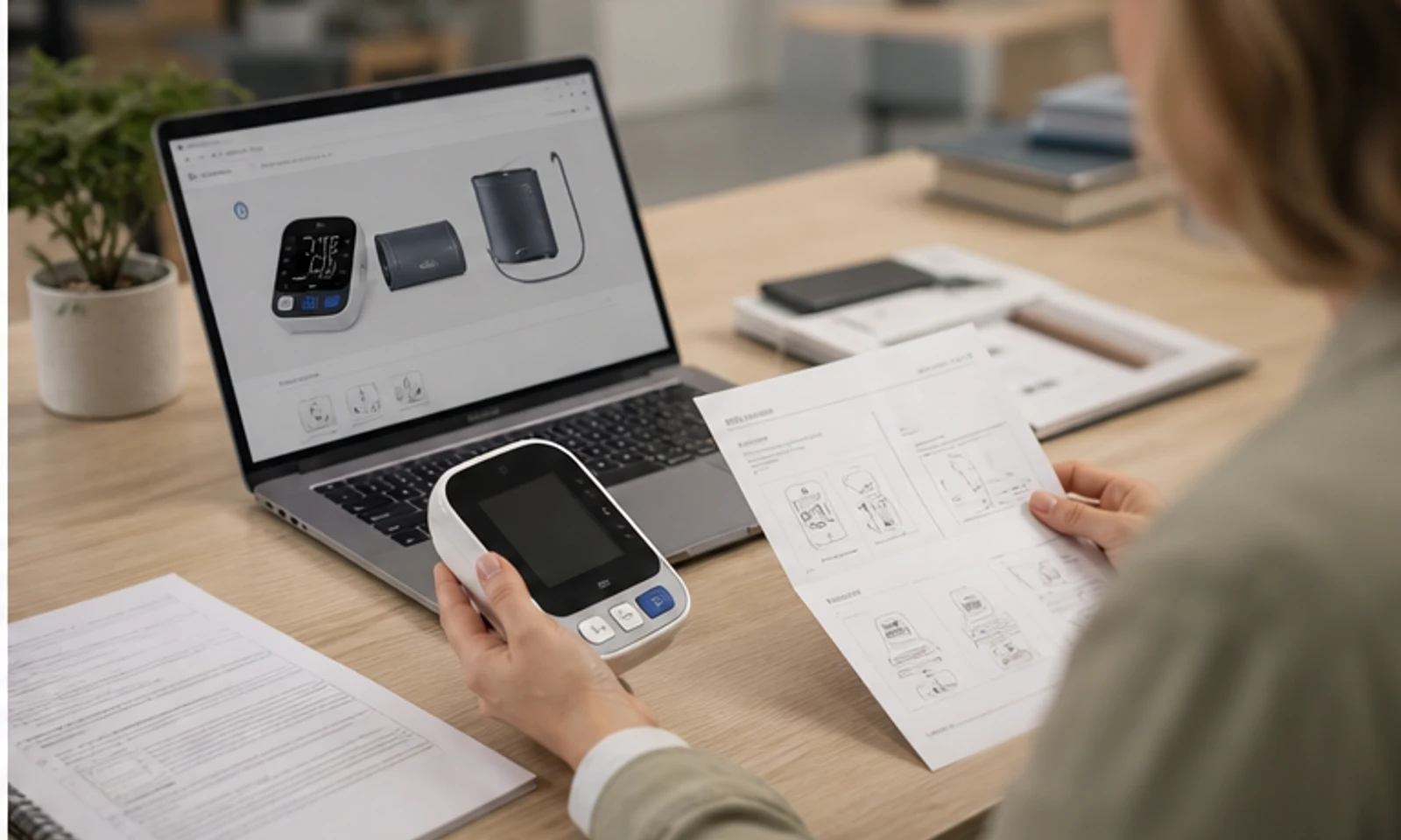 E-commerce seller reviewing medical device listing materials, sample product and laptop with supplier.