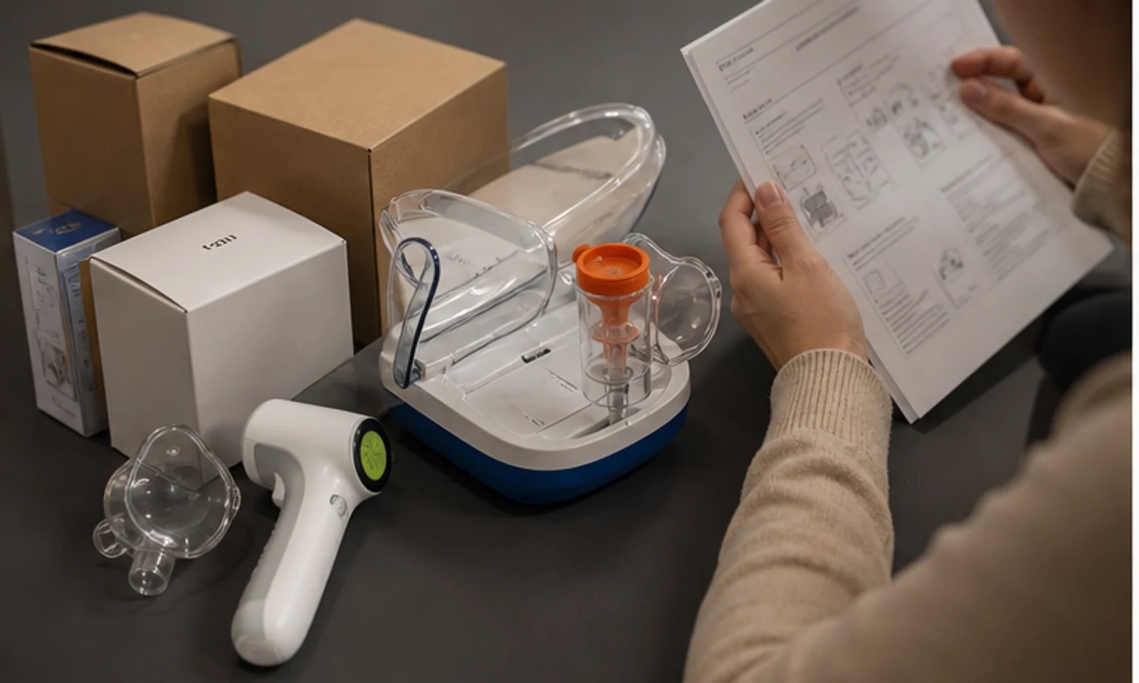 Hands checking e-commerce packaging sample and user materials for home healthcare devices.