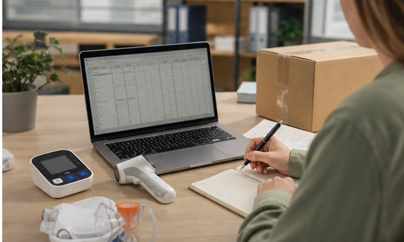 Buyer reviewing home healthcare device sample, packaging and content notes for online sales.