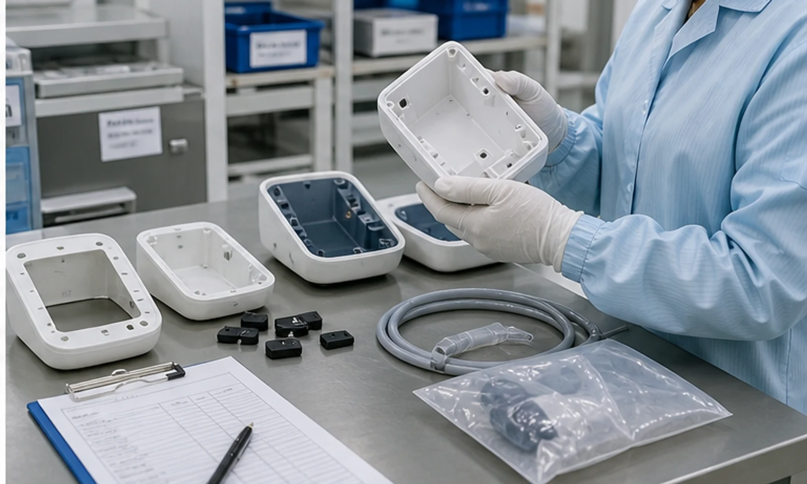 Quality inspector checking incoming medical device components on a clean inspection table.