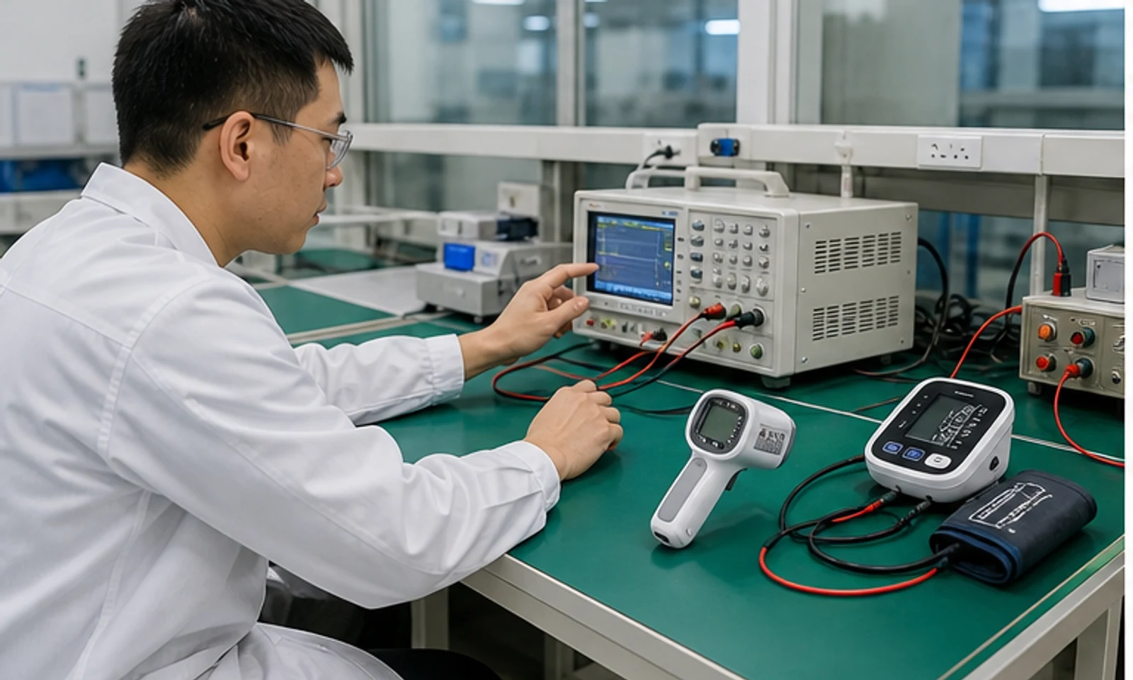 Assembly inspection station with medical device products under review by factory staff.