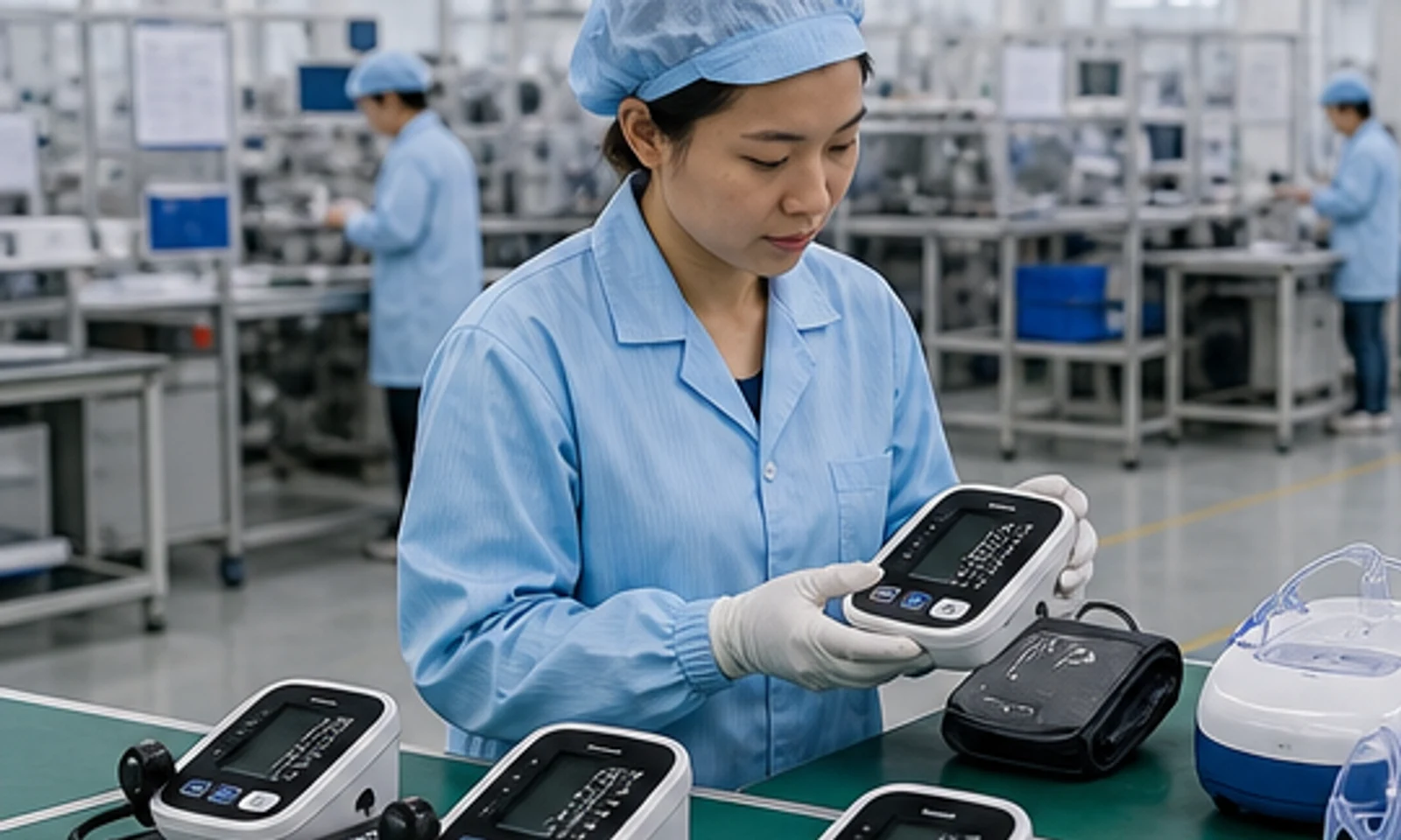 Engineer validating home healthcare devices with instruments in a clean laboratory setting.