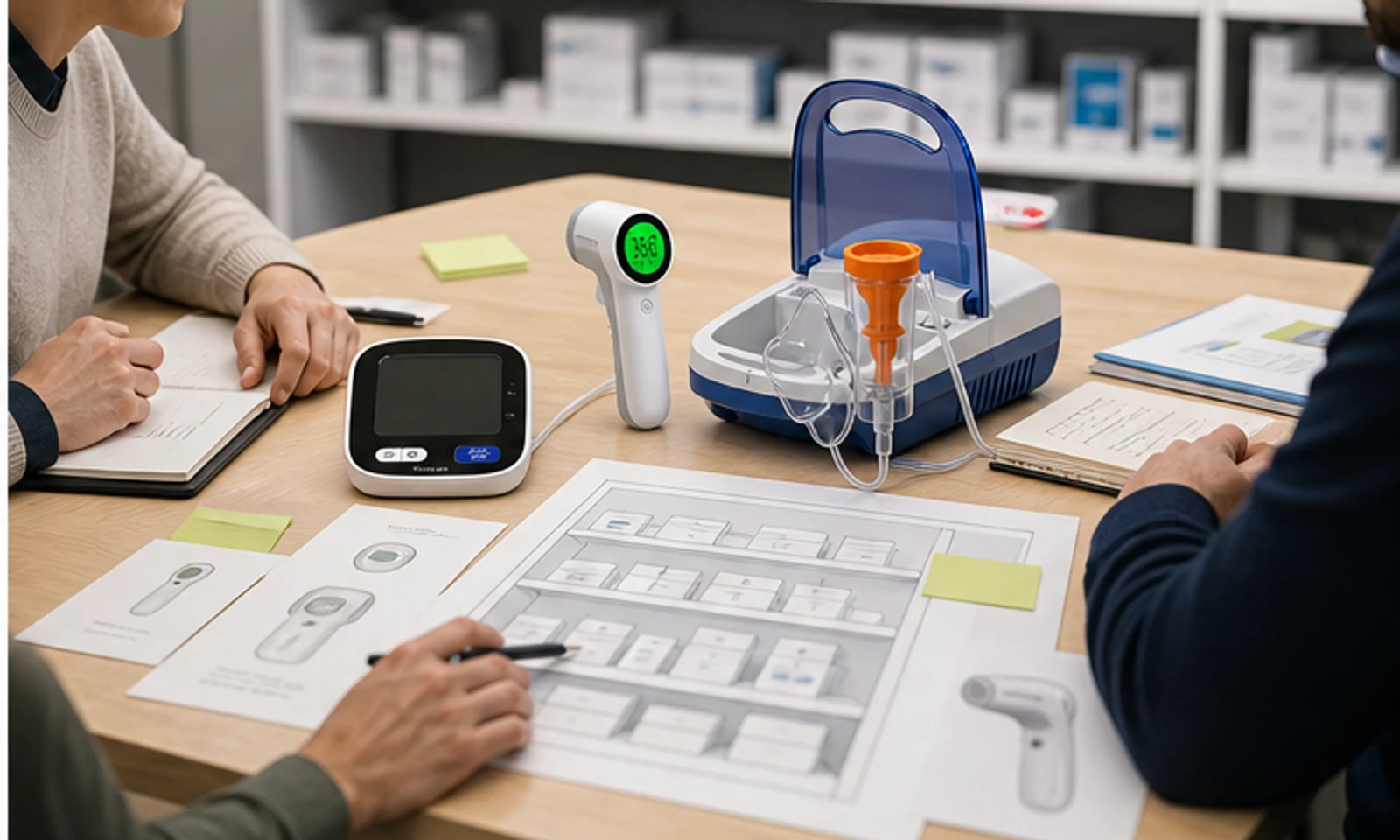 Pharmacy product planning meeting with home healthcare device samples and shelf presentation materials.