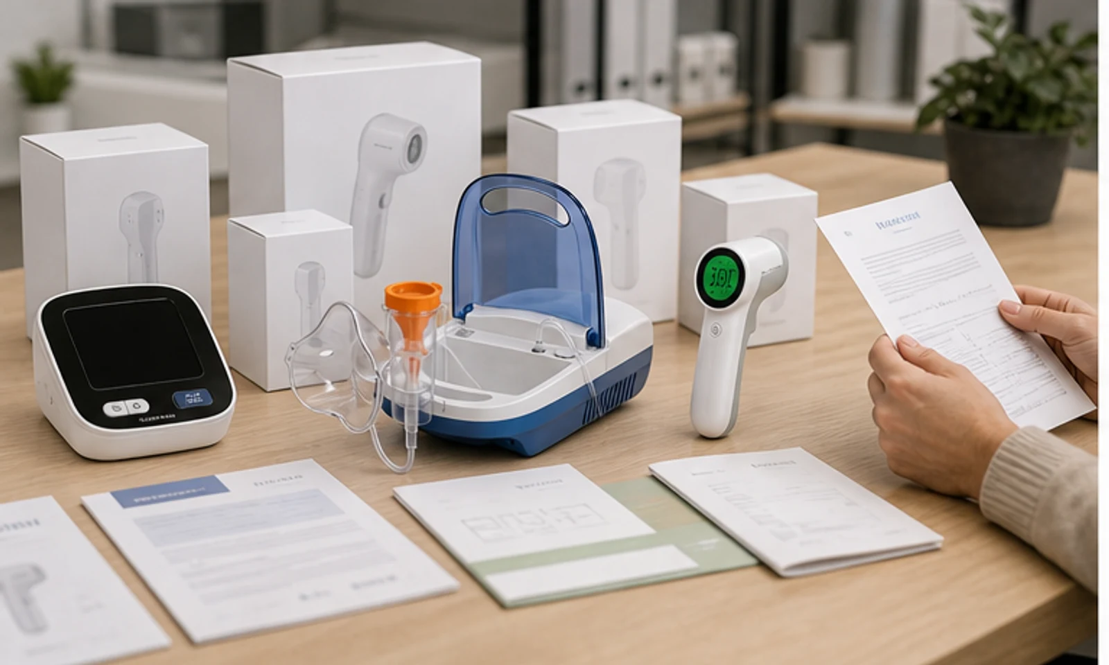 Buyer comparing private-label packaging concepts for multiple home healthcare device categories.