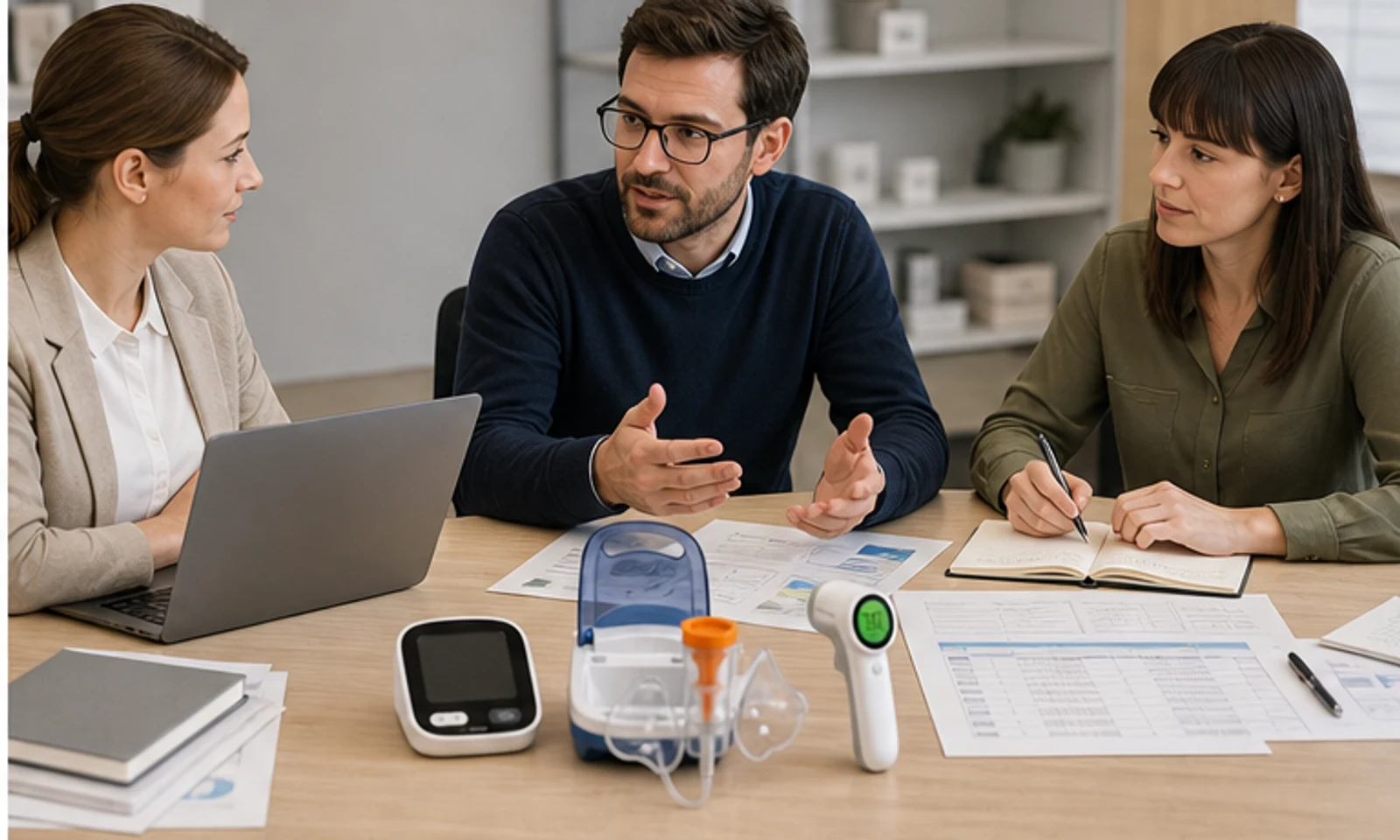 Sourcing reviewer organizing category folders and home healthcare device samples for pharmacy range planning.