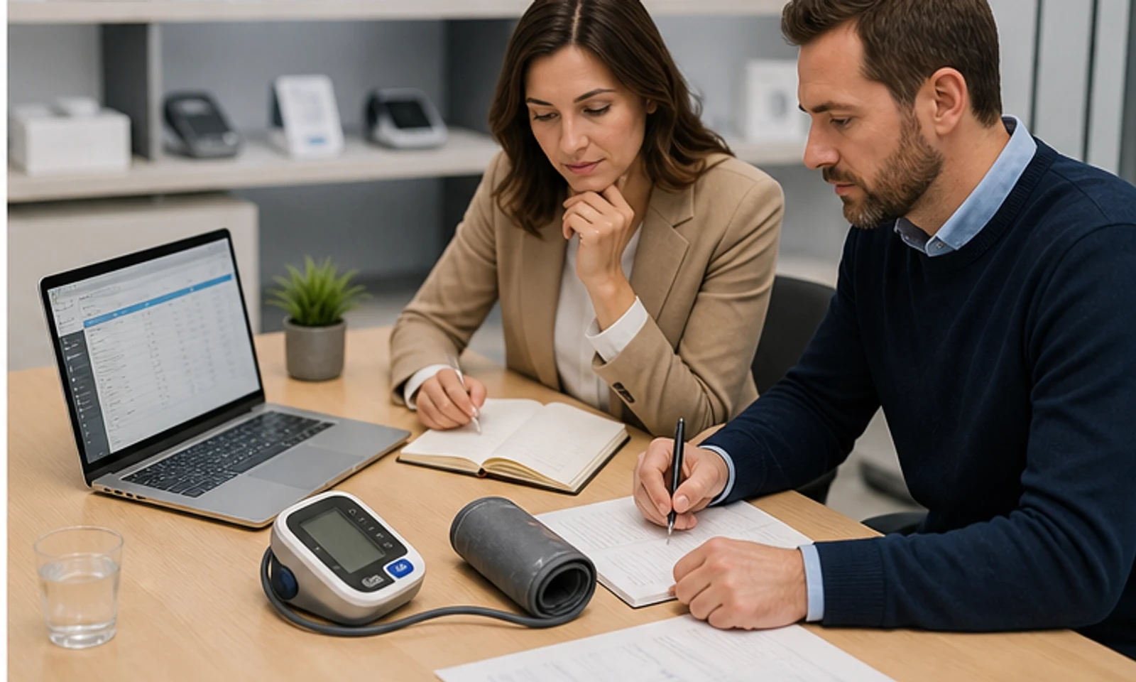 Buyer reviewing blood pressure monitor sourcing documents and product sheets with a supplier representative.
