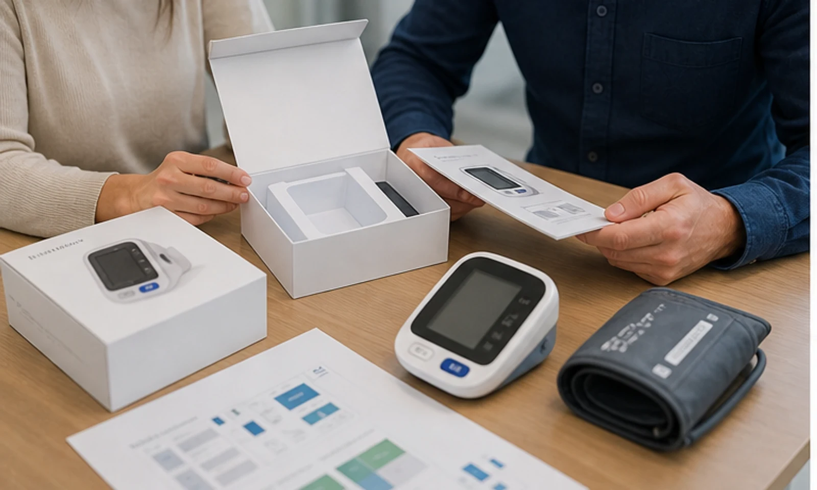 Hands comparing blood pressure monitor packaging concepts and product review materials.
