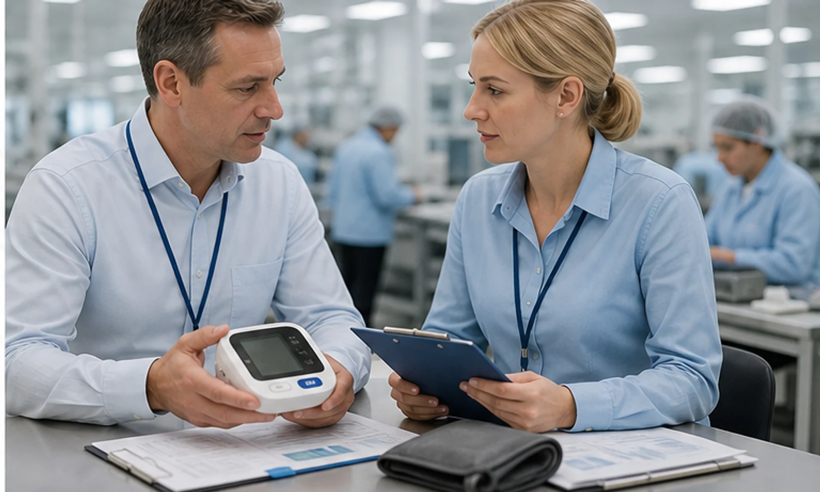 Factory quality reviewer inspecting blood pressure monitor samples and project documents.