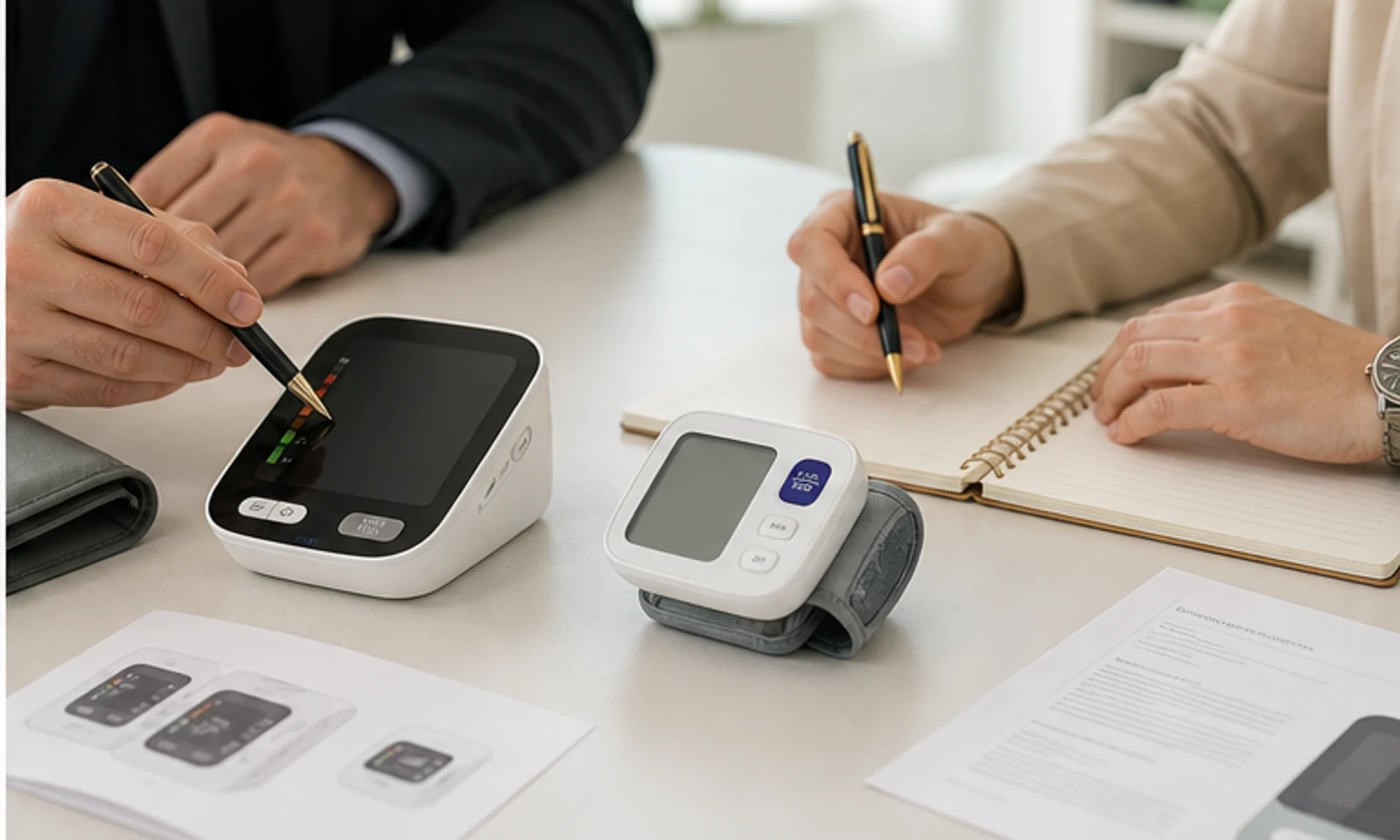 Private-label blood pressure monitor project meeting with device samples, box mockups and product sheets.