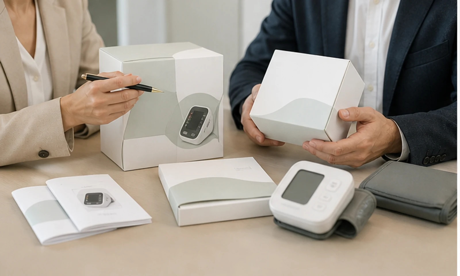 Buyer and supplier checking blood pressure monitor samples, packaging and private-label review materials.