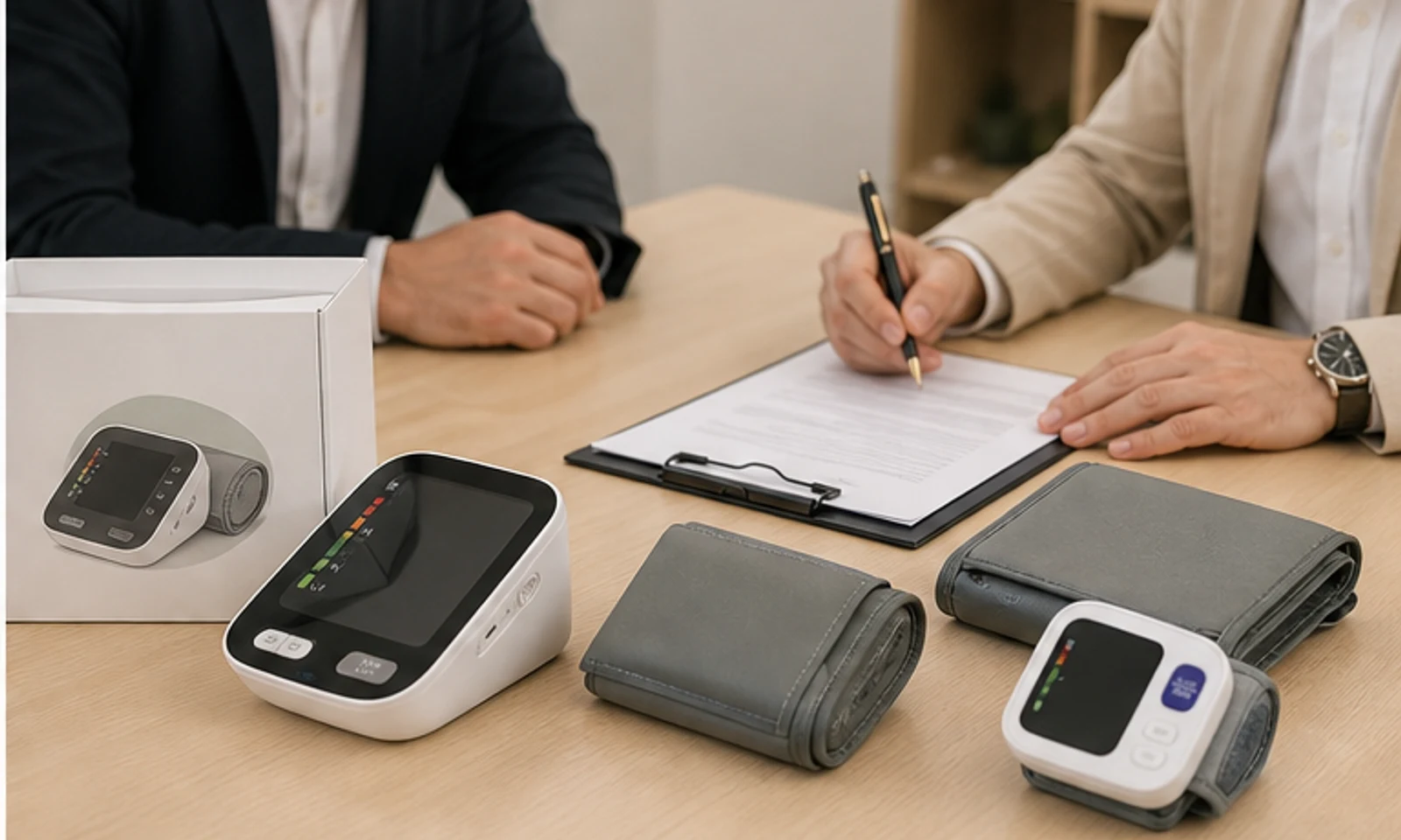 Organized private-label project documents with blood pressure monitor sample and packaging materials.