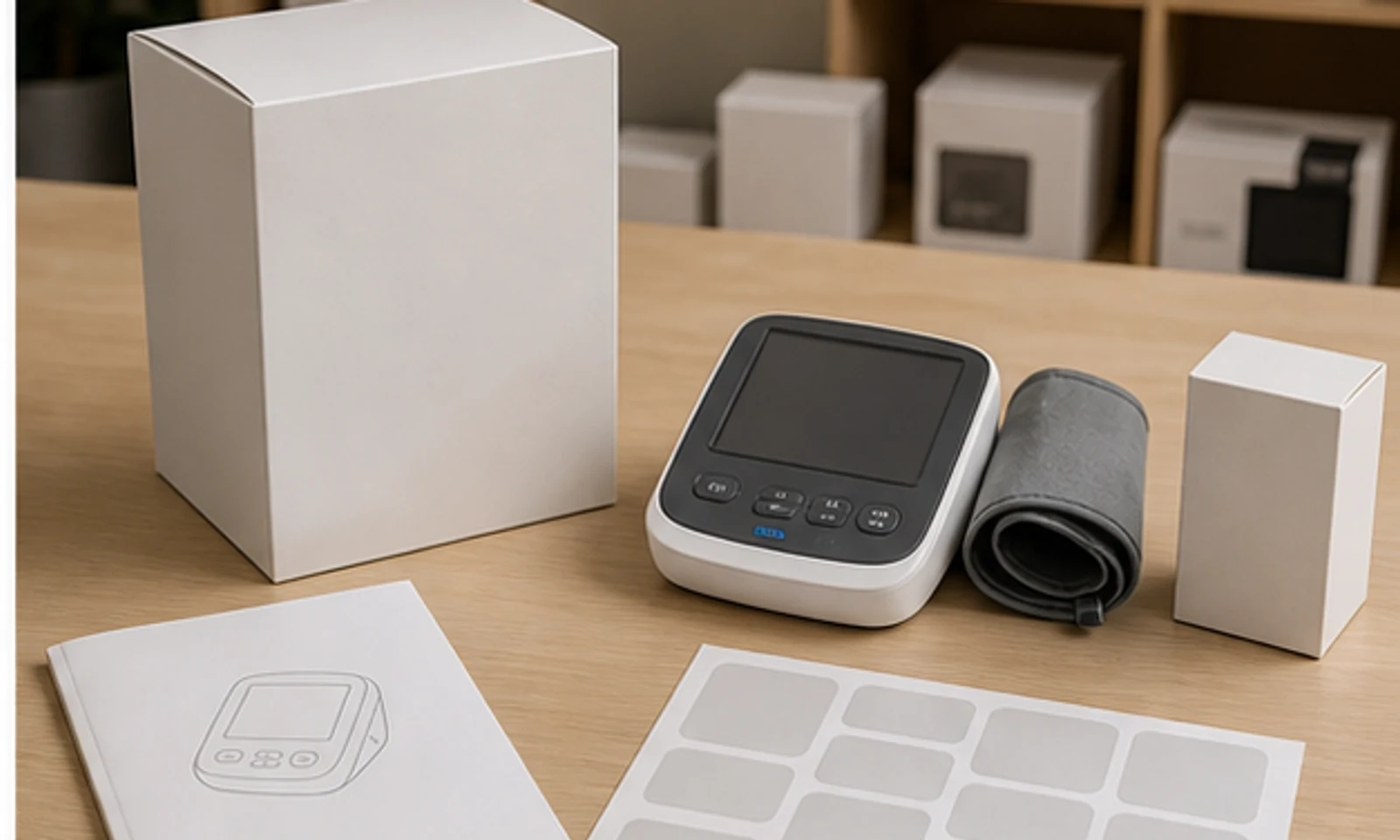 OEM packaging review table with medical device sample, blank packaging and instruction materials.