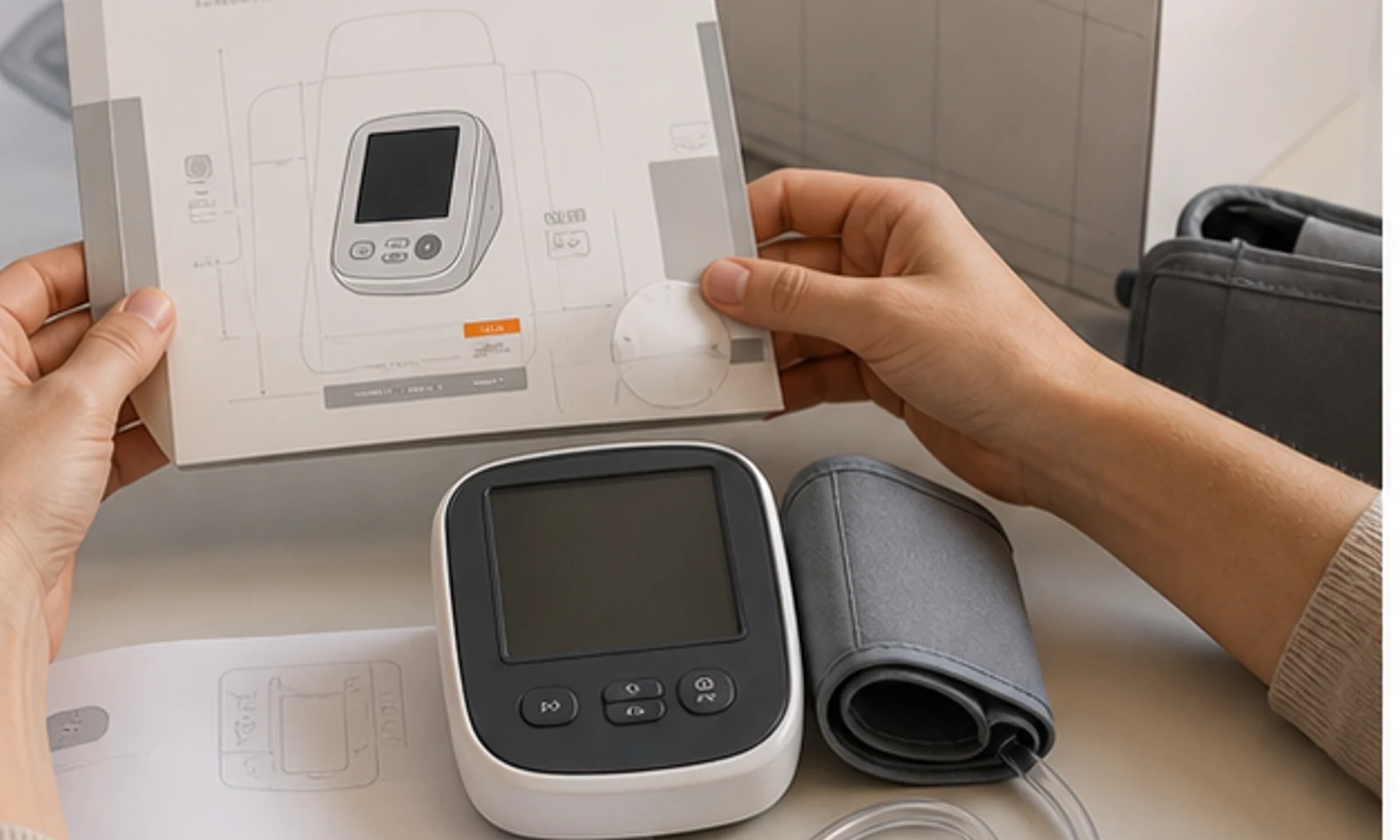 Hands checking a medical device packaging sample and printed label materials.