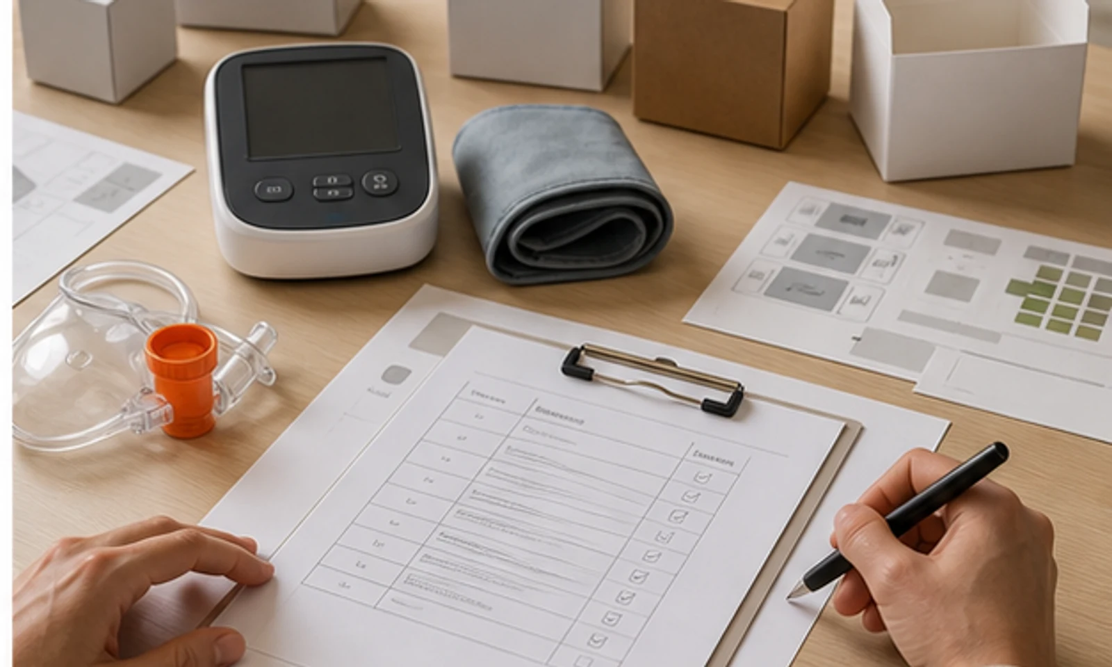 Buyer and supplier reviewing a medical device package mockup with product sample and manual.