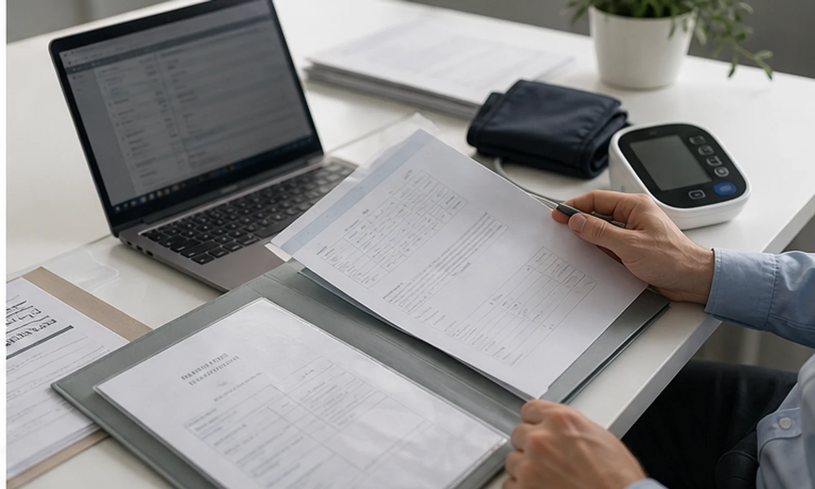 Importer reviewing medical device product files and label materials at a sourcing desk.
