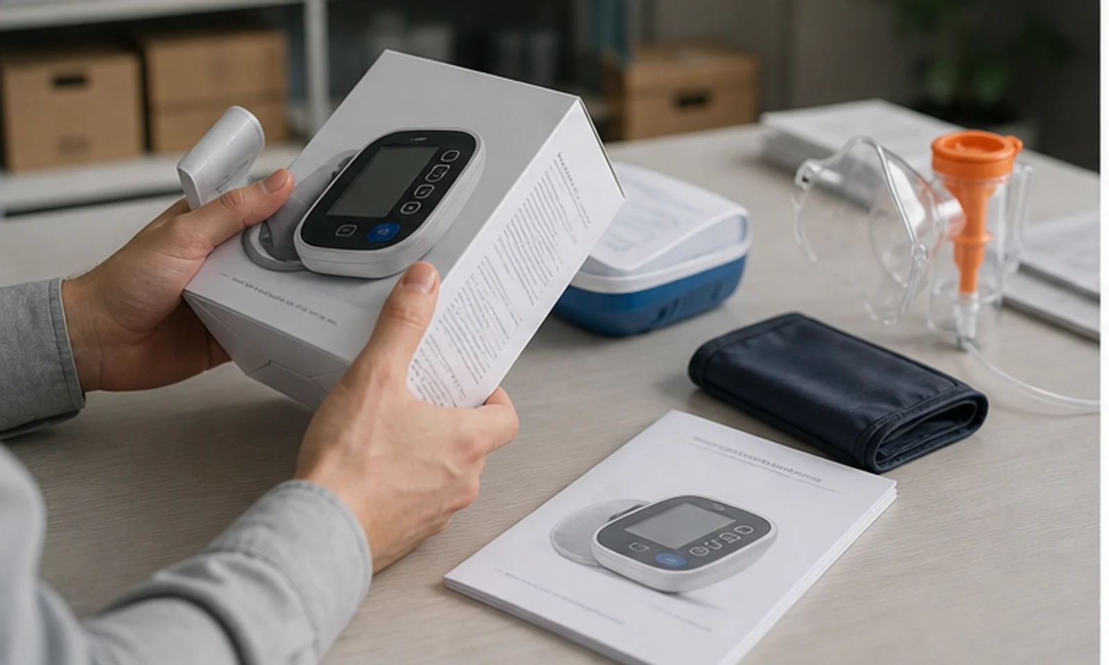 Hands checking a medical device label sheet, user manual and product sample.