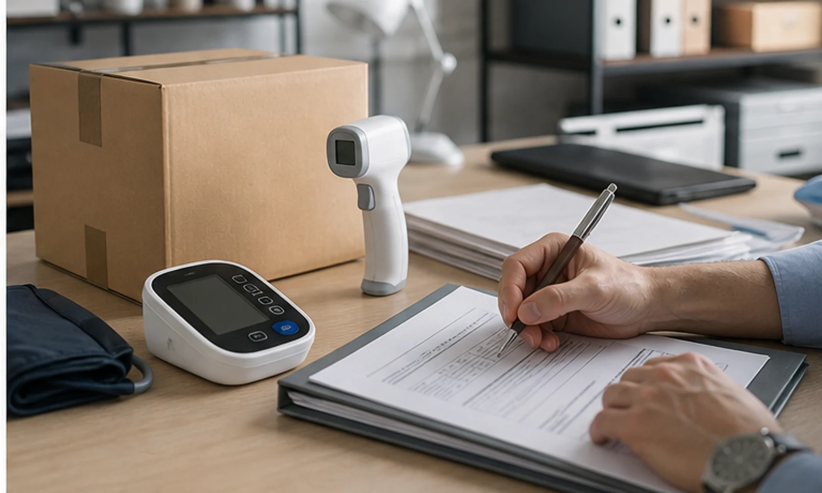 Medical device product sample placed beside organized import document folders and shipment files.