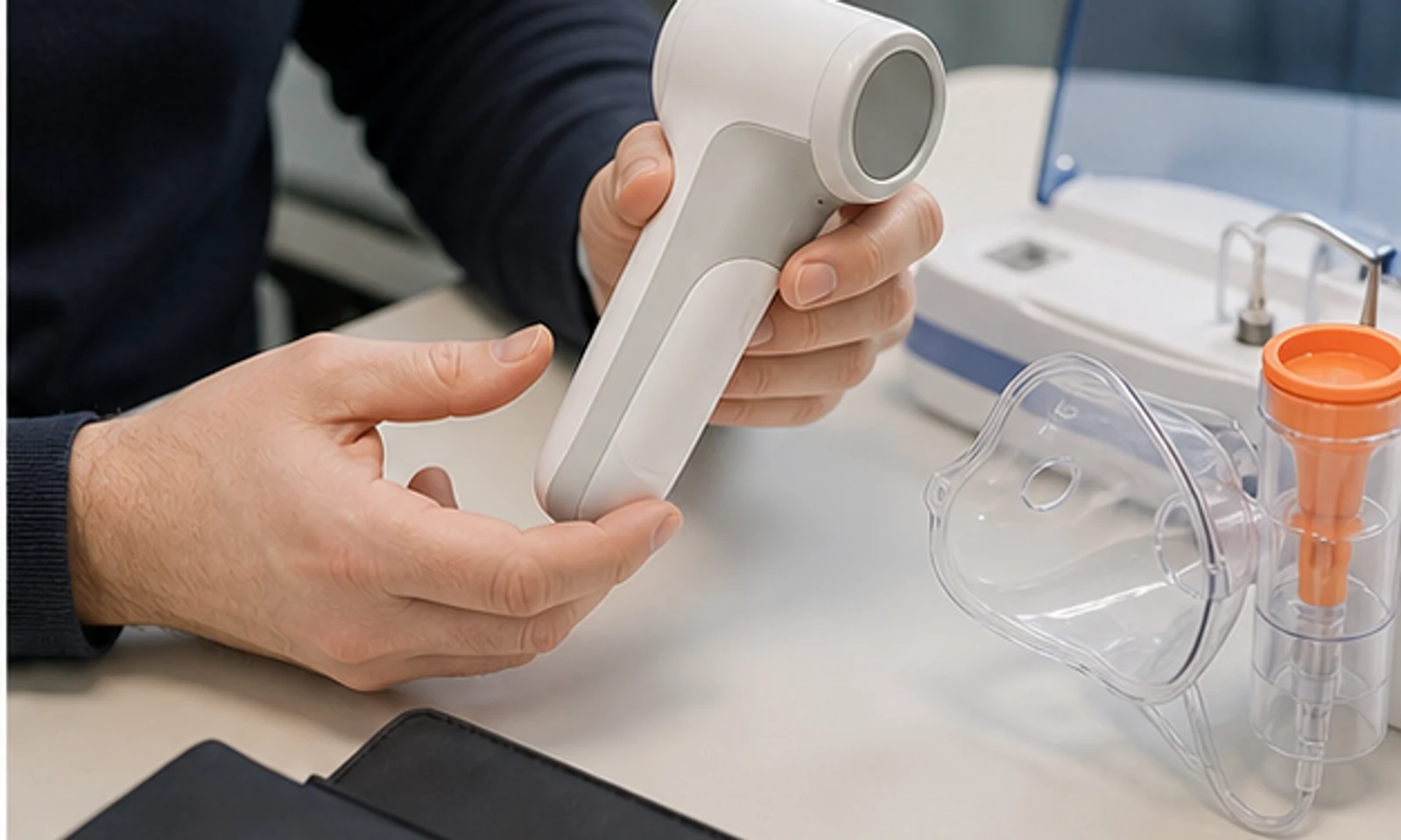 OEM buyer and supplier inspecting a medical device sample with packaging and review notes.