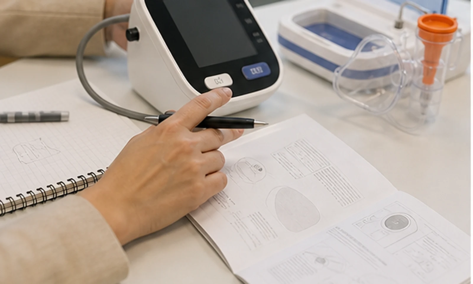 Hands comparing a medical device sample with packaging mockup and instruction materials.