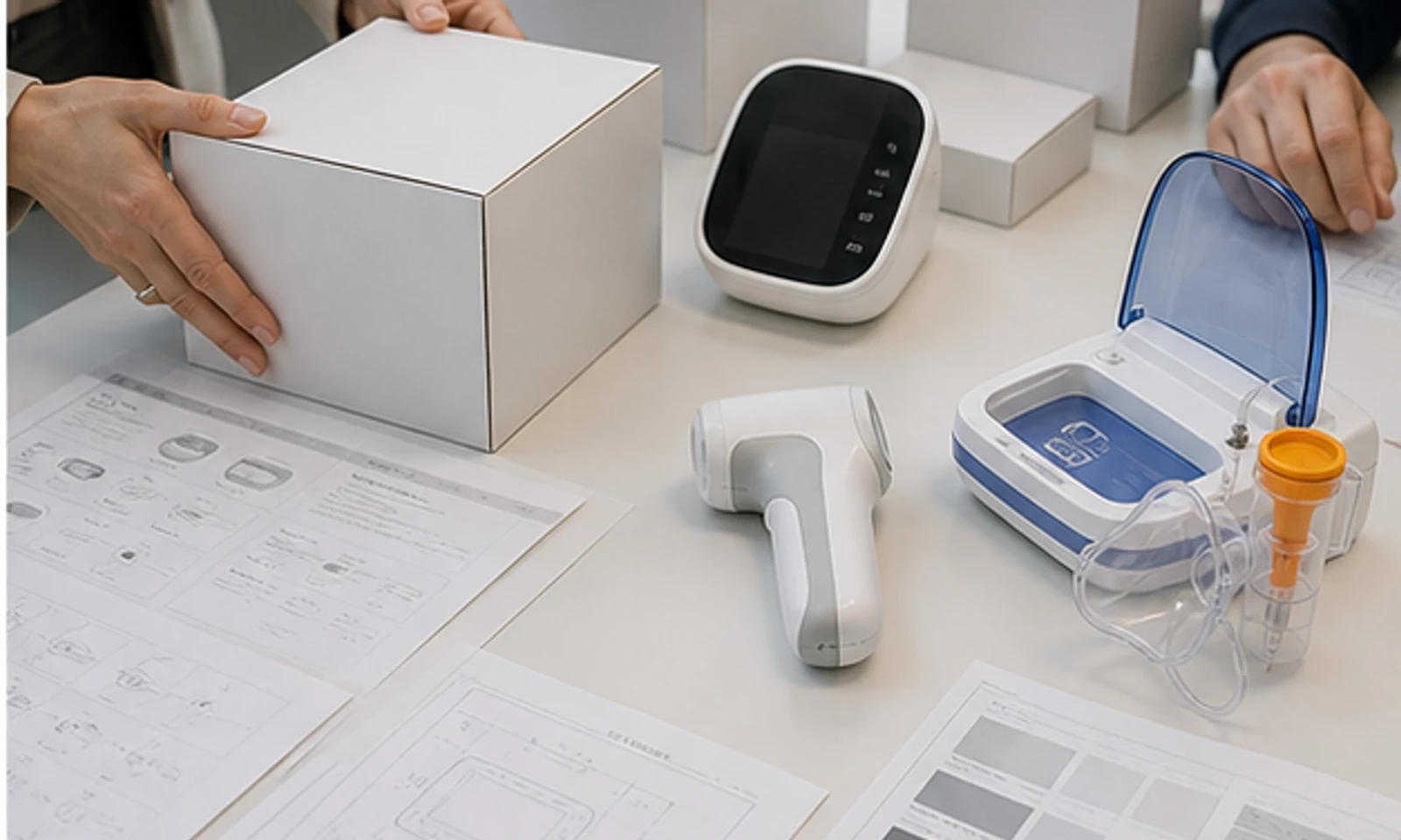 Product reviewer checking a home healthcare device sample and approval documents.