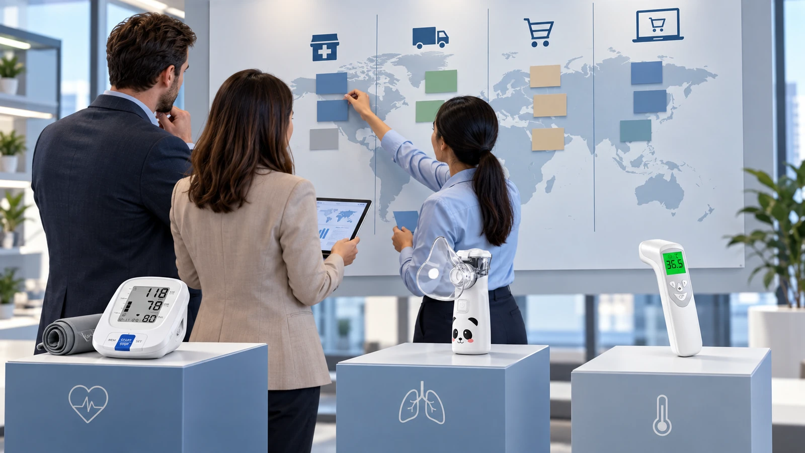 International distributor team mapping home healthcare product categories to channel roles