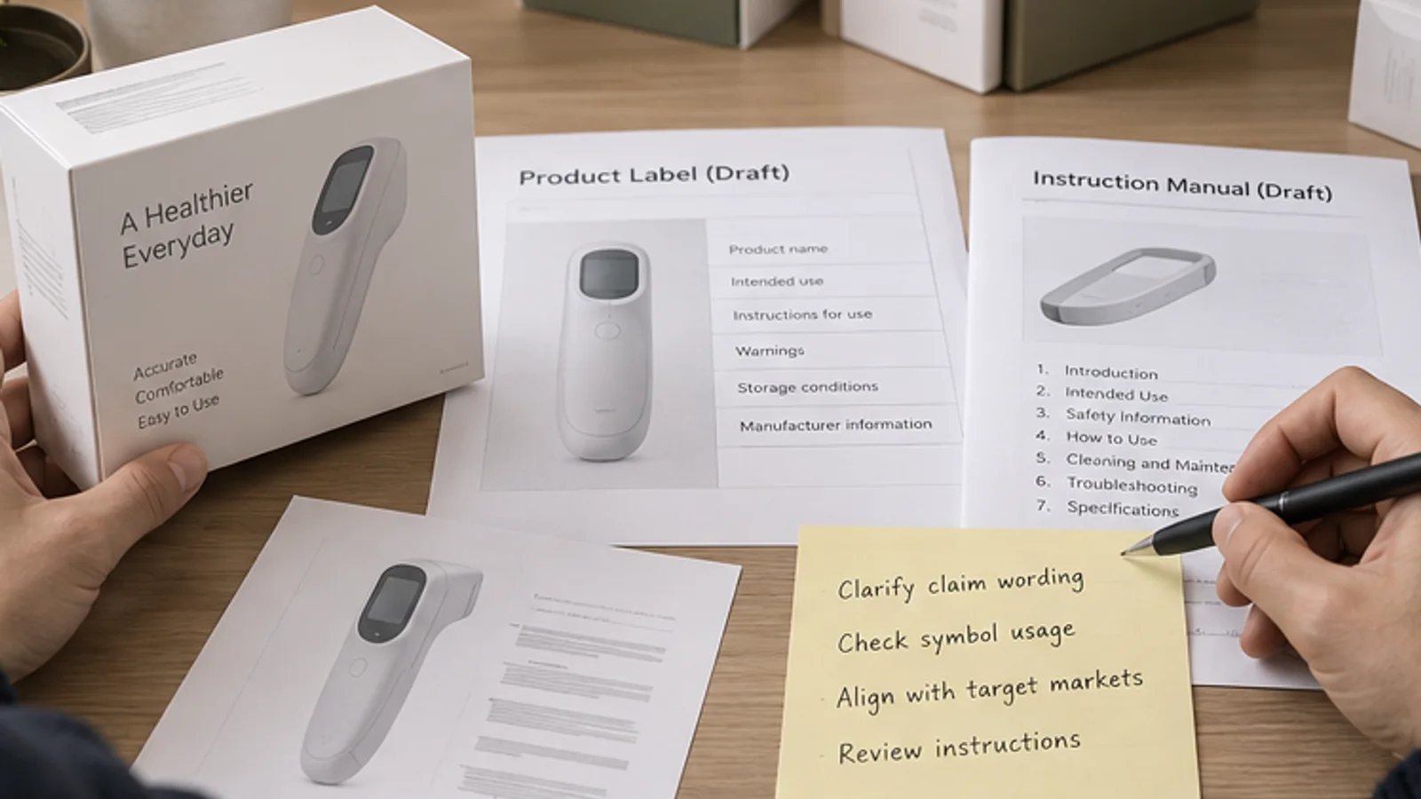 Packaging label and instruction manual drafts reviewed for claim wording alignment.