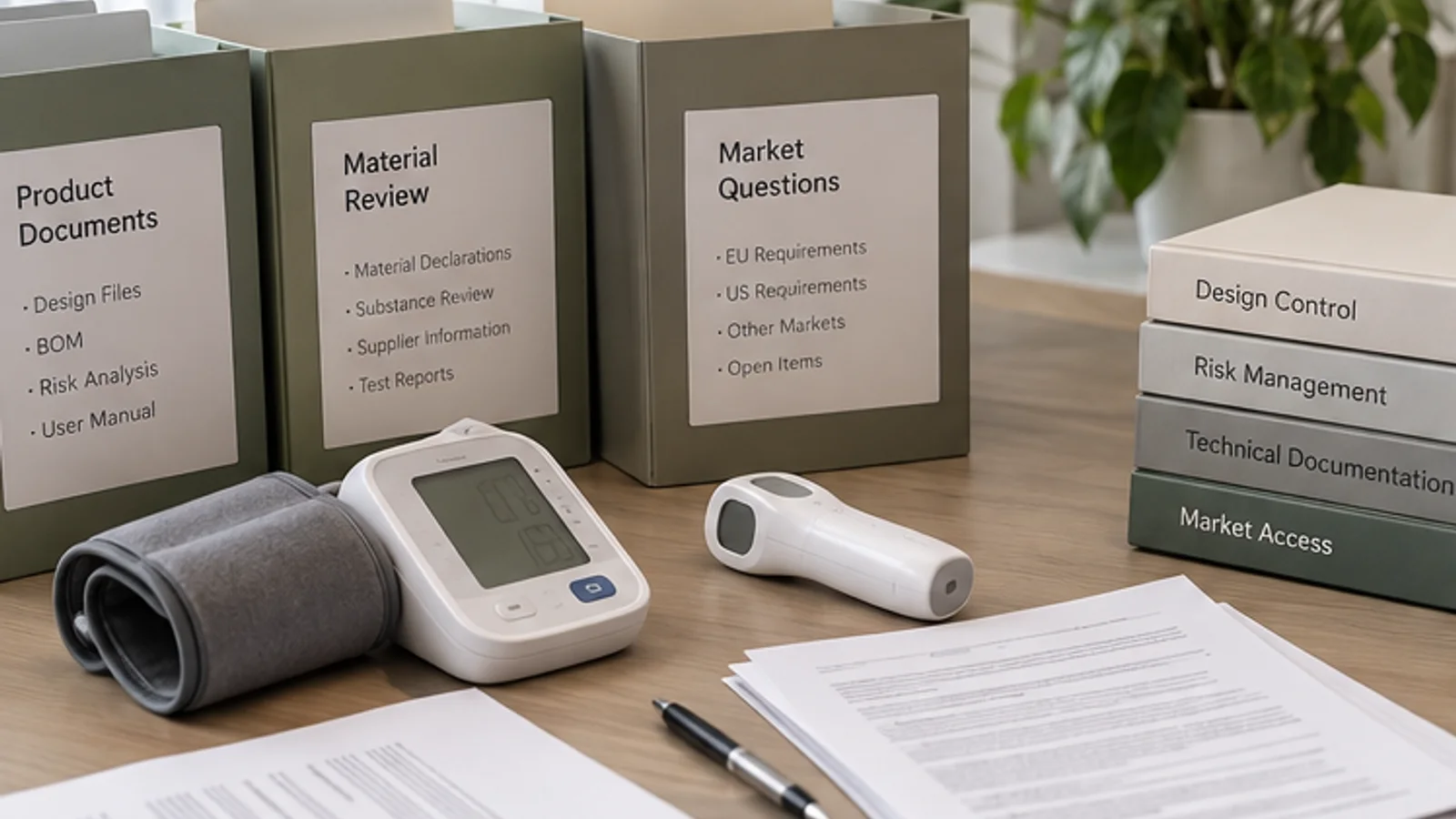 Product documents, material review files and market question folders organized with device samples.