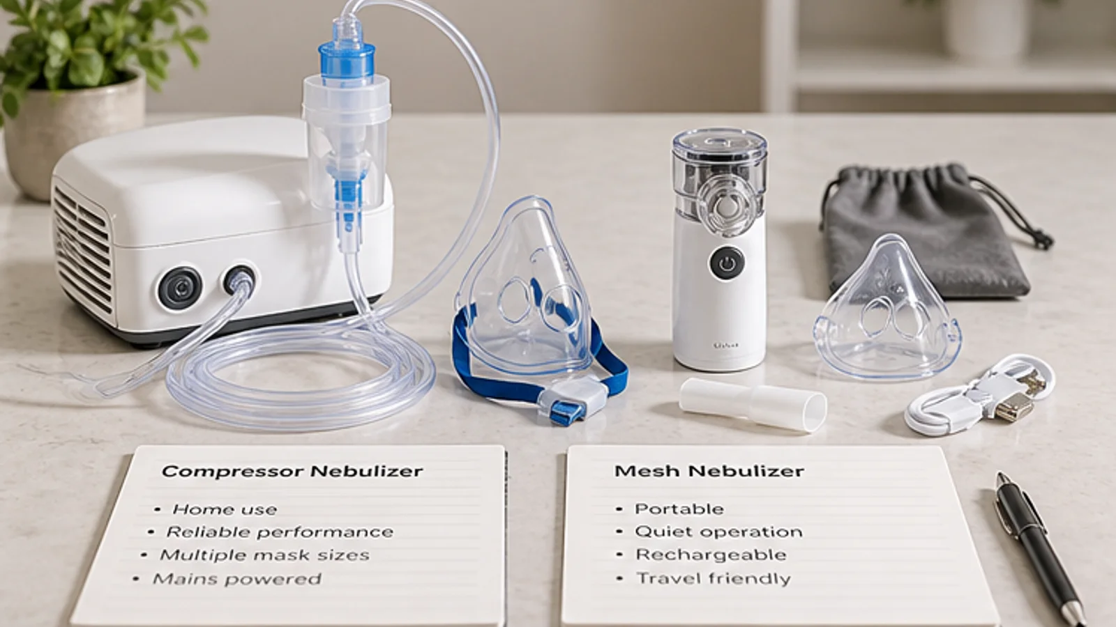 Compressor nebulizer and mesh nebulizer compared with accessories and channel notes.