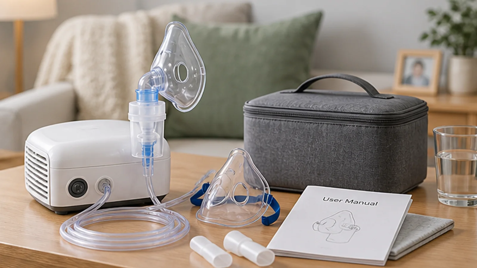 Compressor nebulizer arranged for homecare review with tubing, mask and manual.