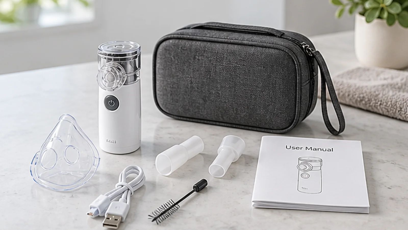 Portable mesh nebulizer kit with pouch, charging cable and cleaning accessories.