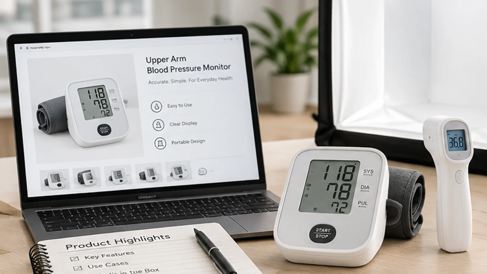 E-commerce product listing setup with laptop, lightbox and home healthcare samples.