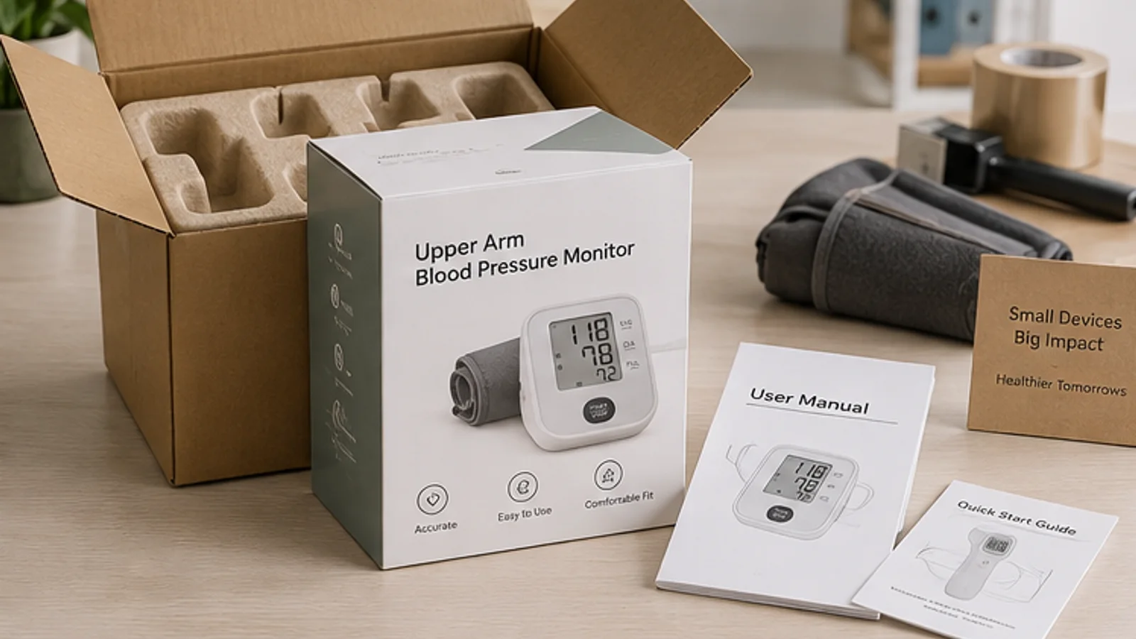 Parcel-ready medical device packaging with protective insert, retail box and manuals.