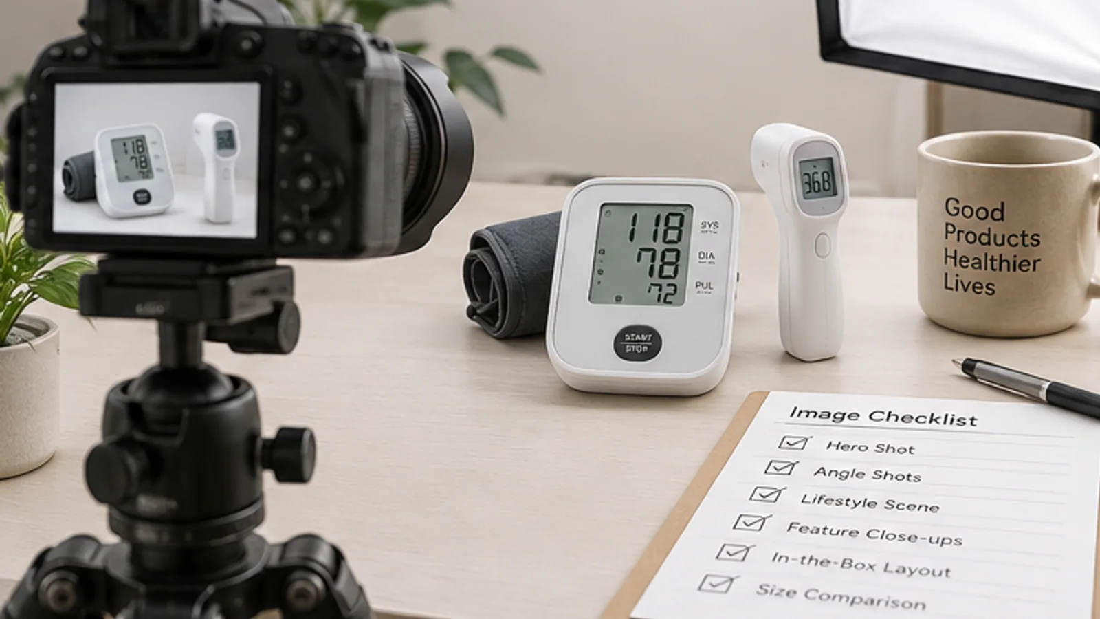 Camera setup for creating product content with home healthcare samples and image checklist.