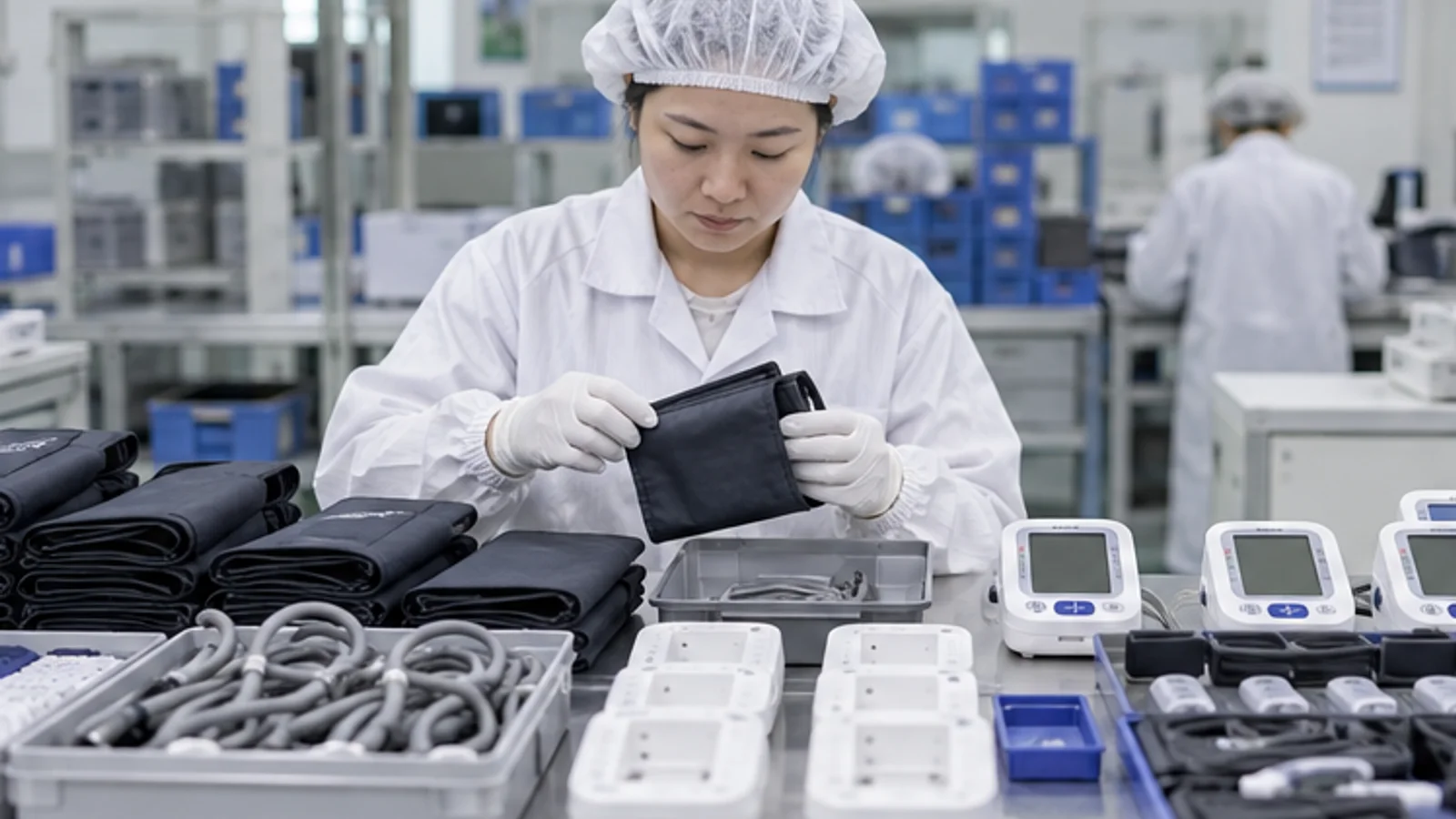 Incoming inspection table with cuffs, housings and blood pressure monitor components.