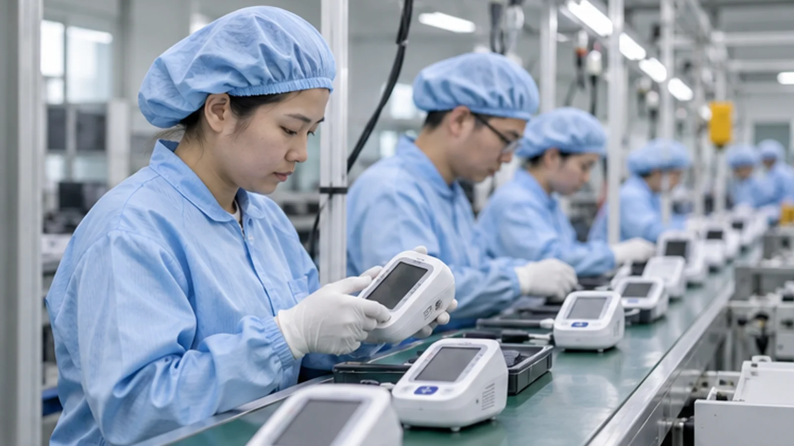 Cleanroom workers inspecting blood pressure monitors on an assembly line.