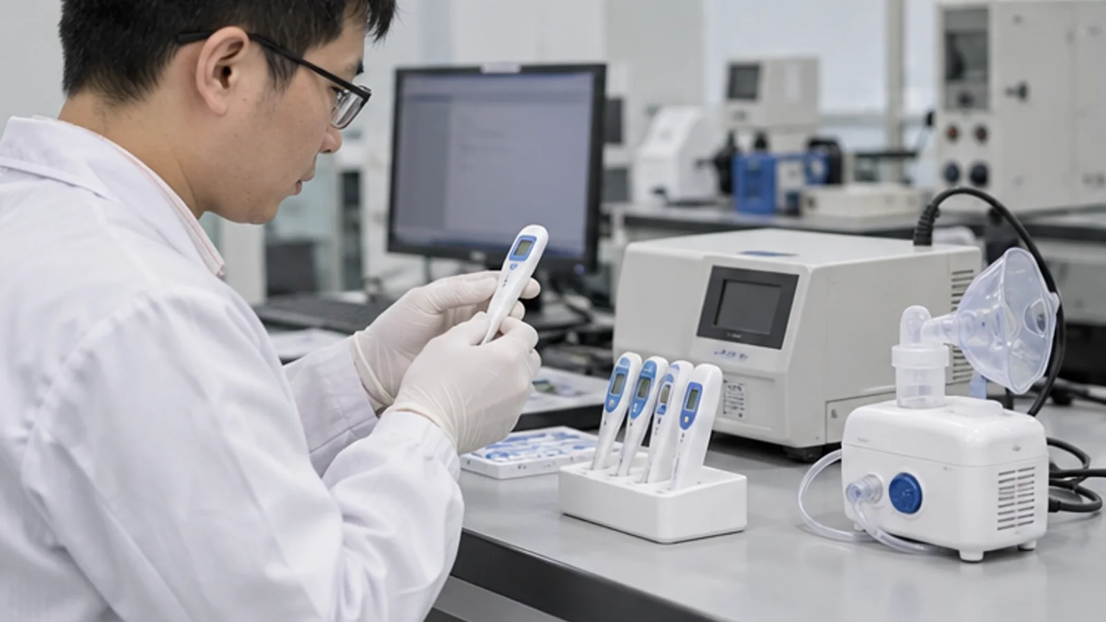Technician validating thermometer and nebulizer samples with neutral lab instruments.