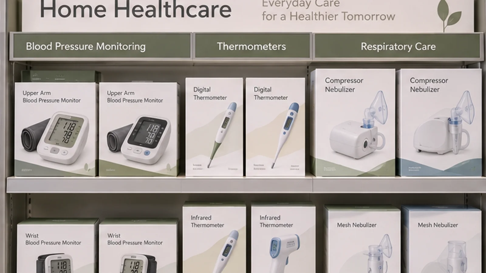 Pharmacy shelf assortment with blood pressure monitors, thermometers and nebulizers.