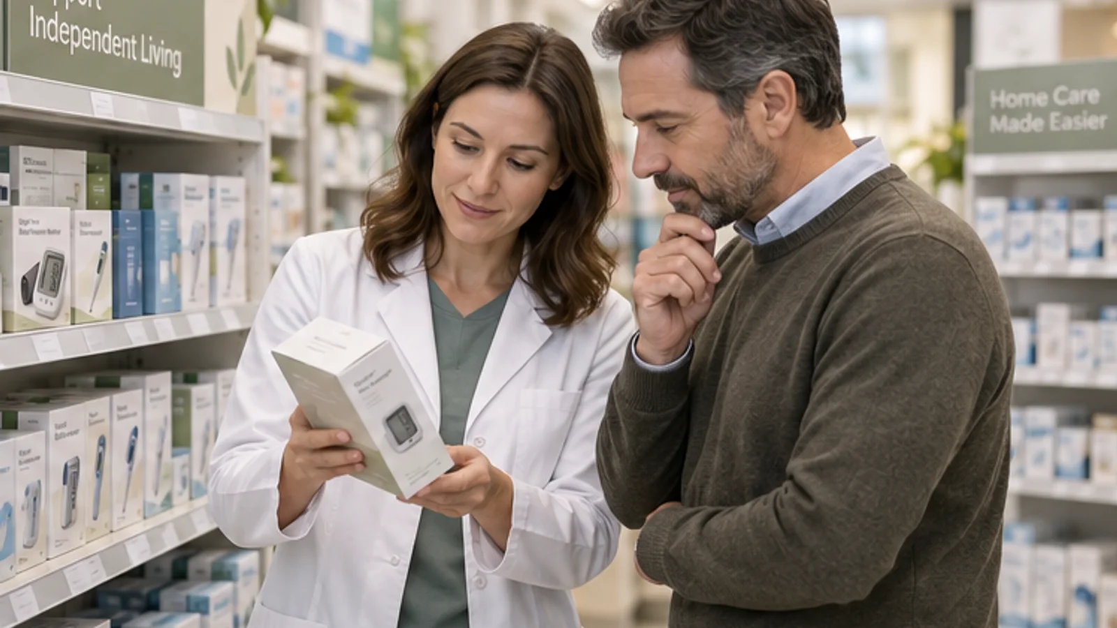 Pharmacist reviewing a home healthcare product box in a retail aisle.