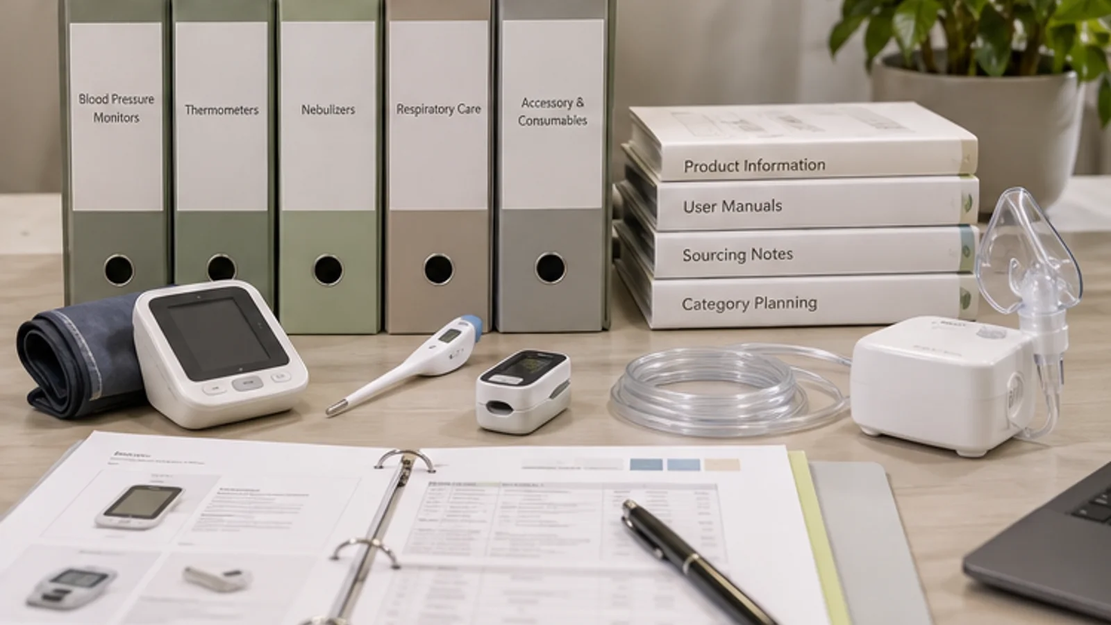 Category folders and home healthcare product samples arranged for documentation review.