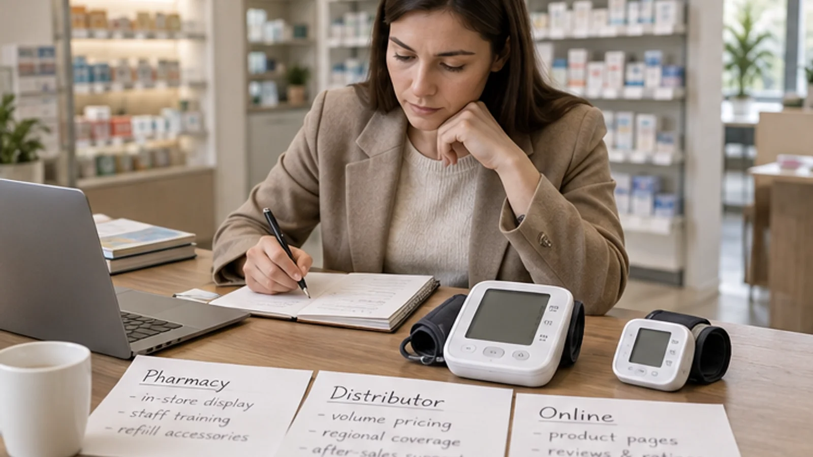 Buyer reviewing blood pressure monitor formats for pharmacy, distributor and online channels.