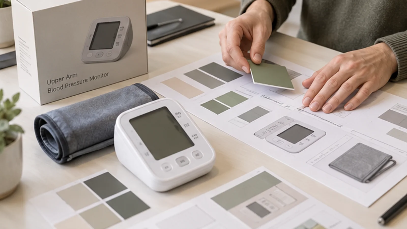 Blood pressure monitor sample with packaging swatches and OEM label placement materials.