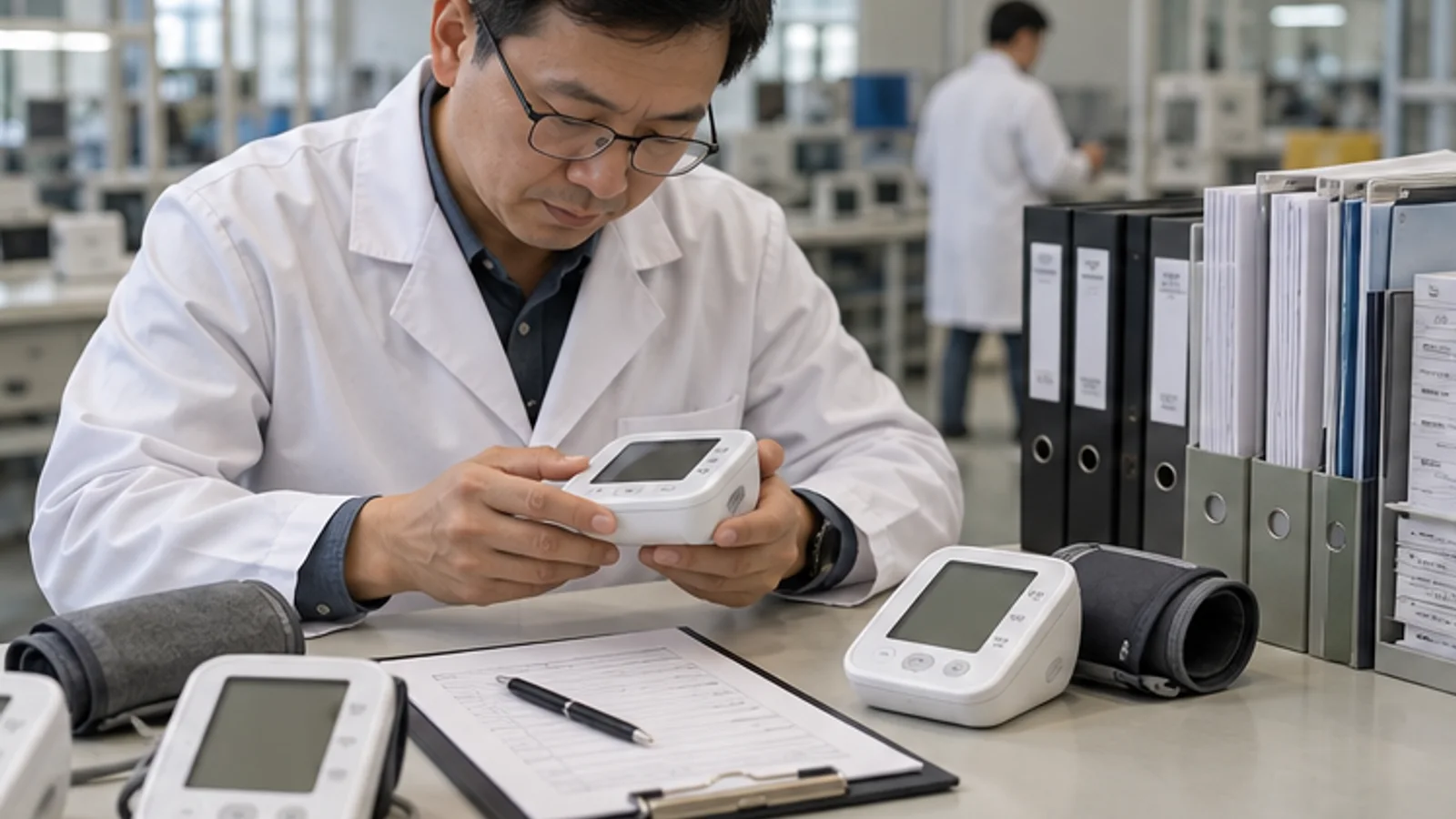 Factory reviewer checking blood pressure monitor samples with organized product files.