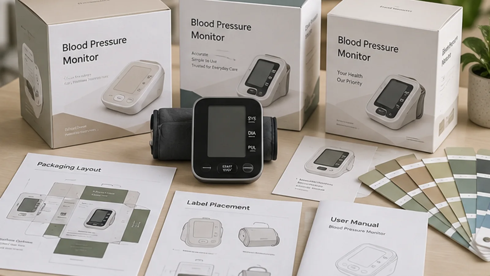 Private-label blood pressure monitor packaging mockups with color swatches and manual drafts.