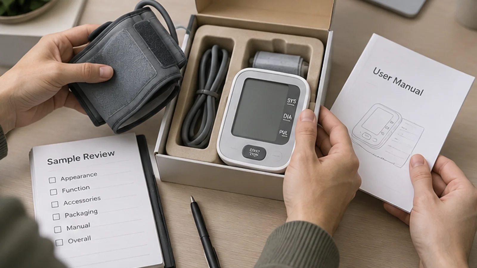 Hands checking cuff, device sample, box insert and manual during sample review.