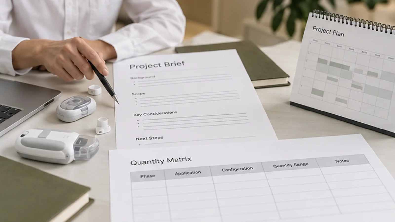 OEM project brief and quantity matrix reviewed with medical device samples.